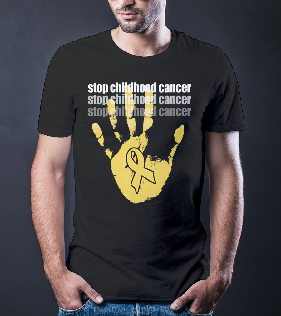 Stop Childhood Cancer Yellow Handprint Ribbon Awareness T-Shirt