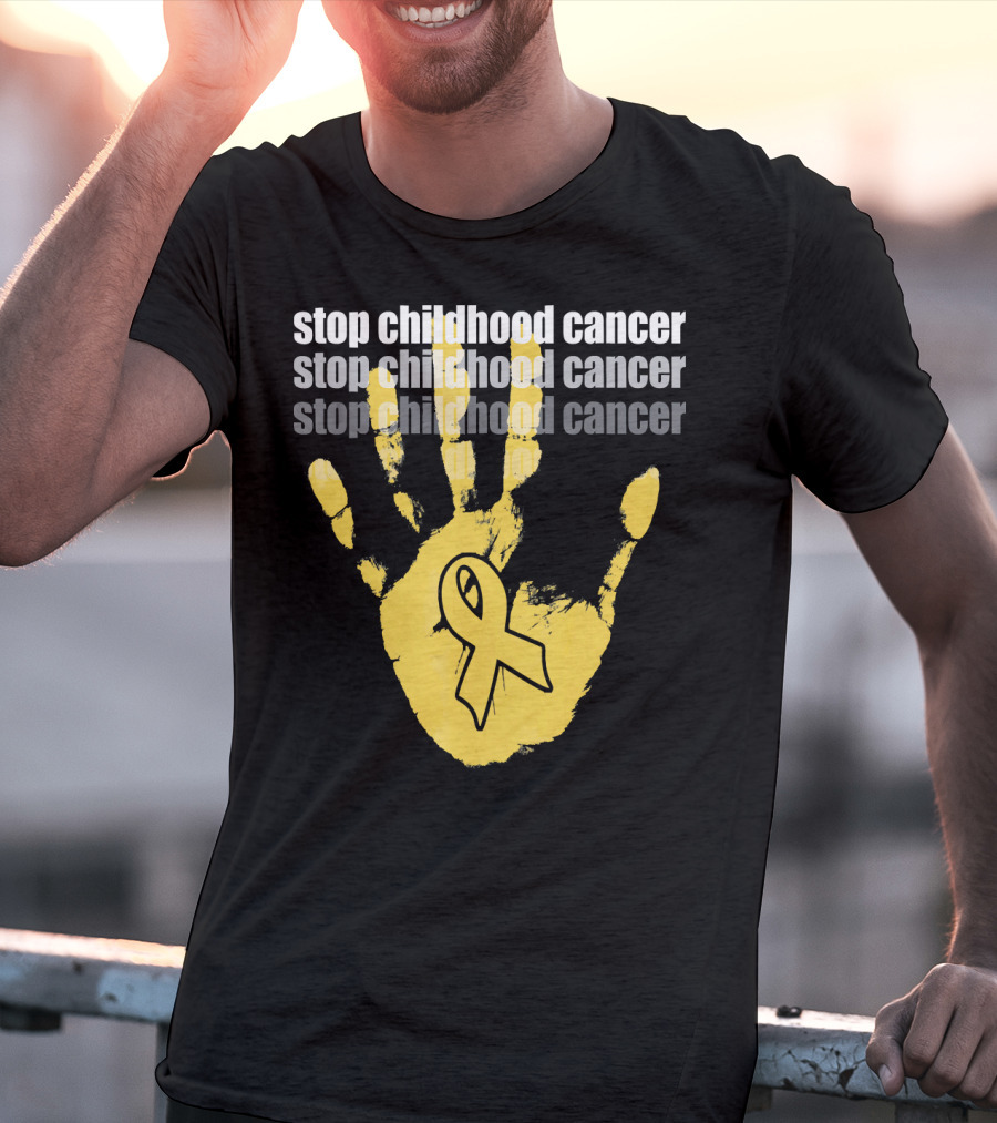 Stop Childhood Cancer Yellow Handprint Ribbon Awareness T-Shirt