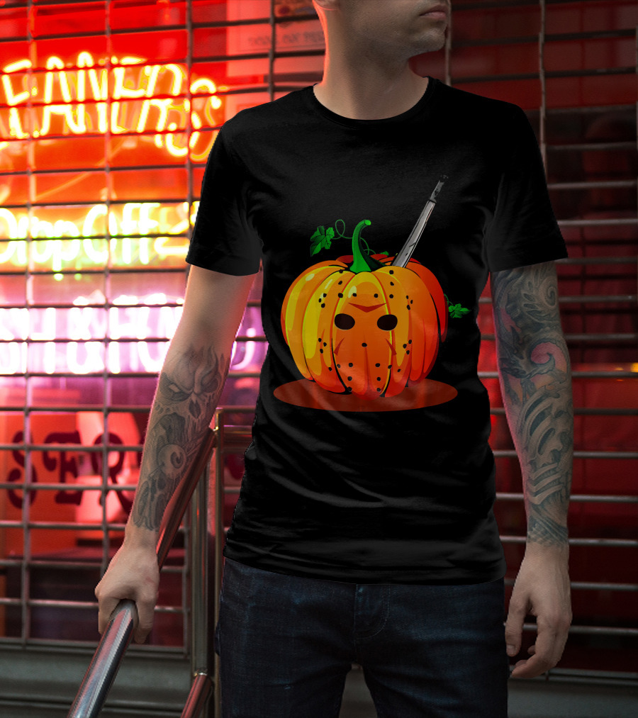 Horror Pumpkin Halloween Scary Face Knife T-Shirt