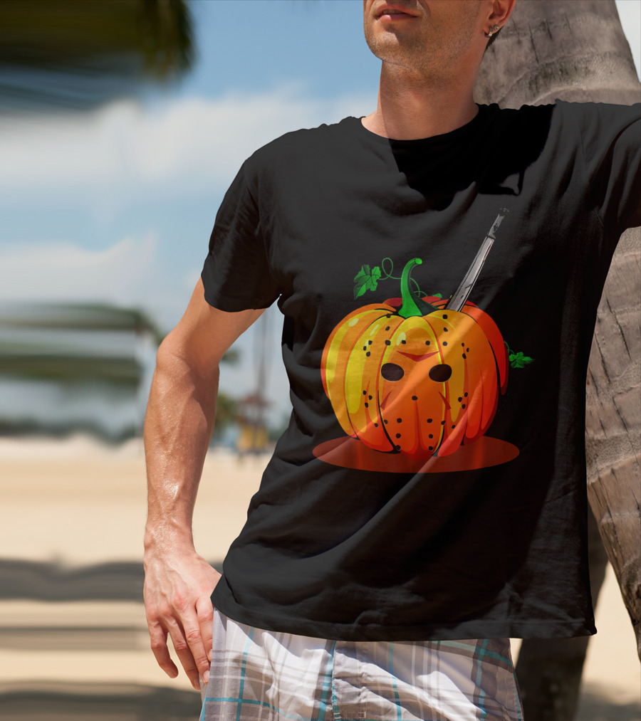 Horror Pumpkin Halloween Scary Face Knife T-Shirt