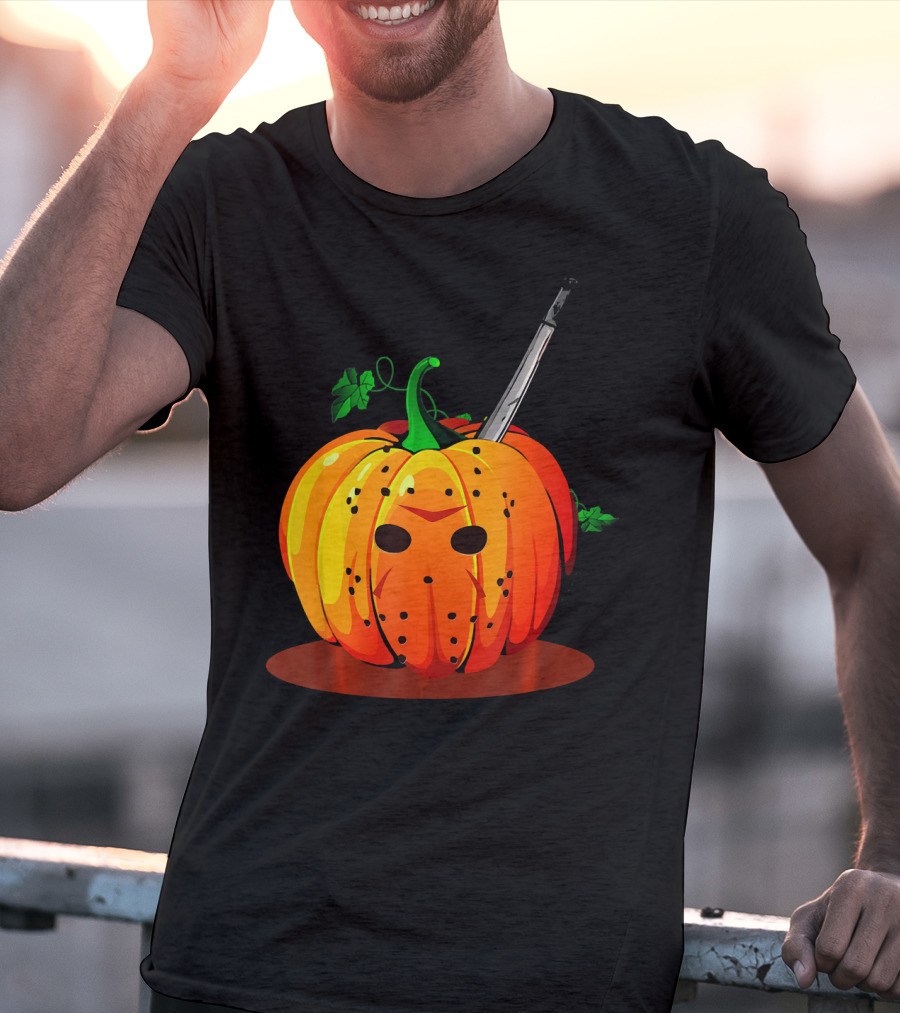Horror Pumpkin Halloween Scary Face Knife T-Shirt