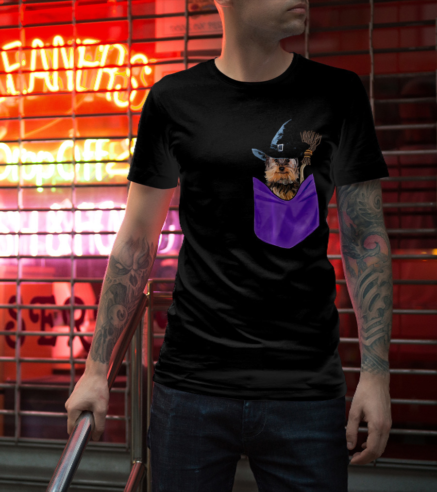 Yorkie Witch In Pocket With Broomstick T-Shirt
