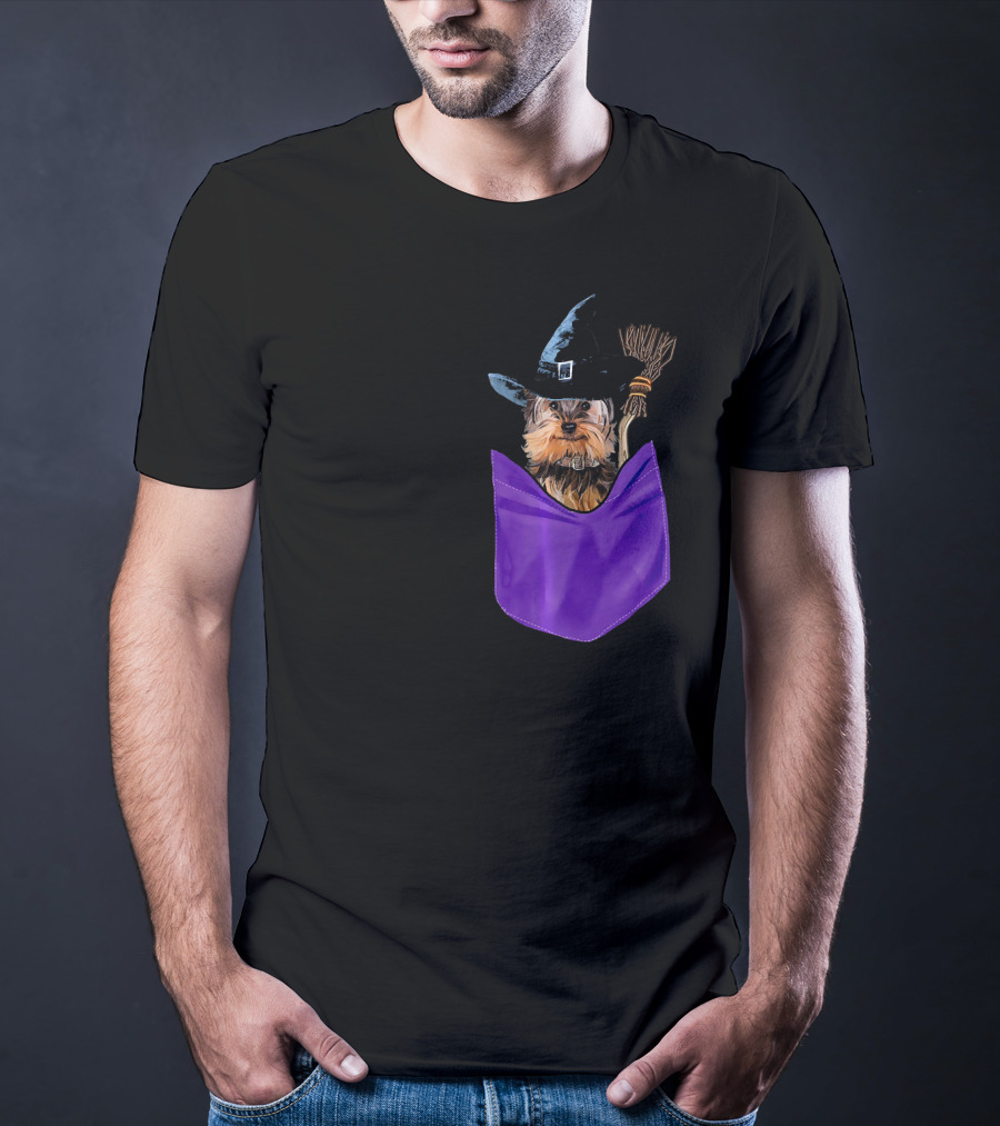 Yorkie Witch In Pocket With Broomstick T-Shirt