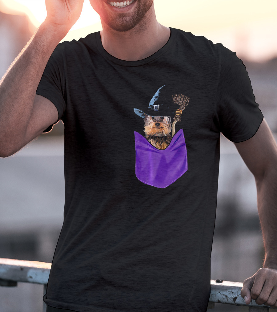 Yorkie Witch In Pocket With Broomstick T-Shirt