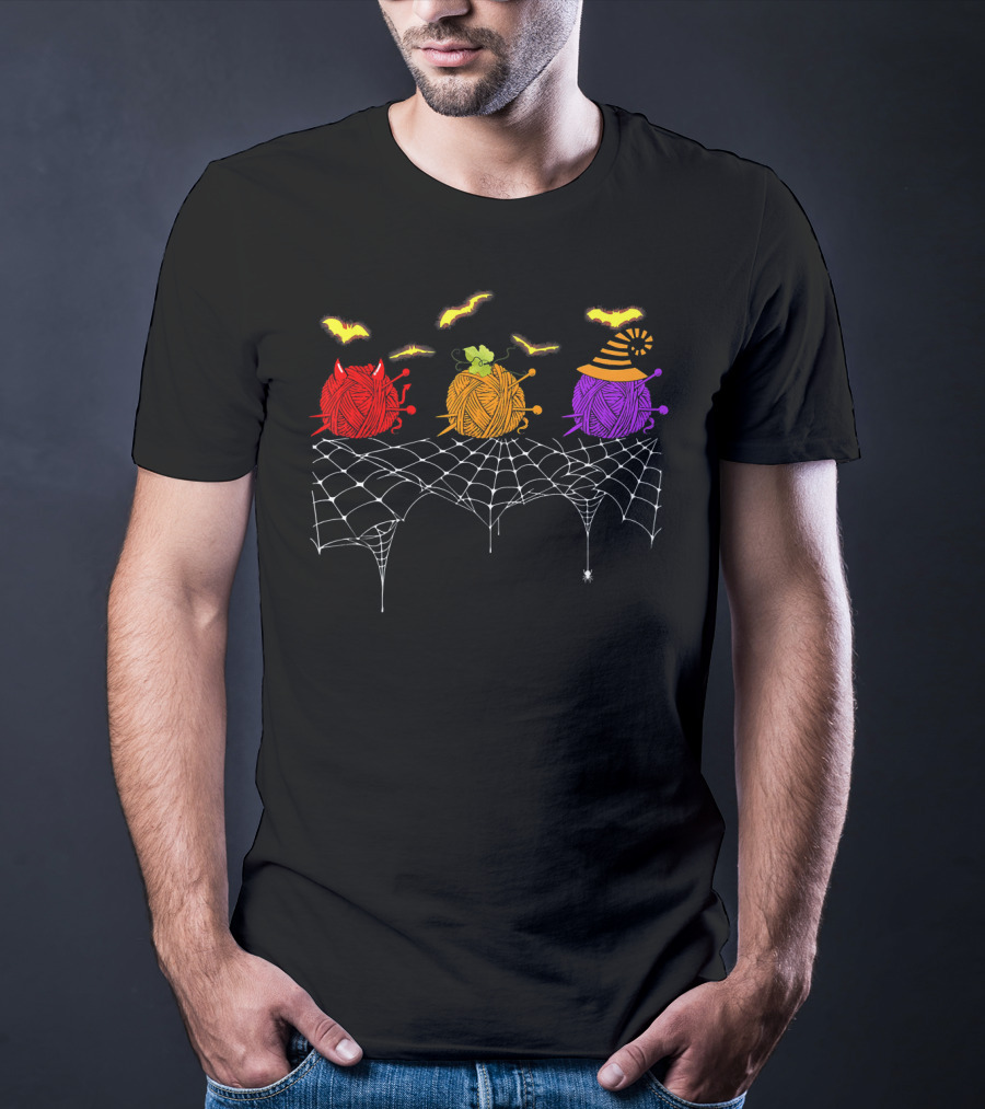 Halloween Knitting Yarn Lovers With Spiderweb And Bats T-Shirt