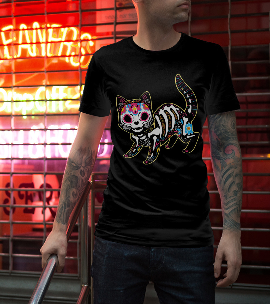 Day Of The Dead Black Cat Sugar Skull Halloween T-Shirt
