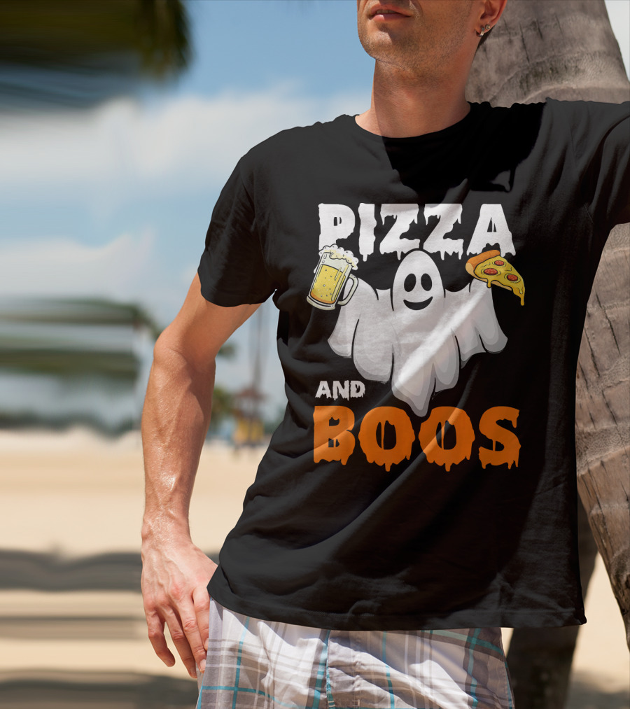 Pizza And Boos Ghost Holding Beer And Pizza Slice Halloween Funny Ghost Drinking Beer T-Shirt