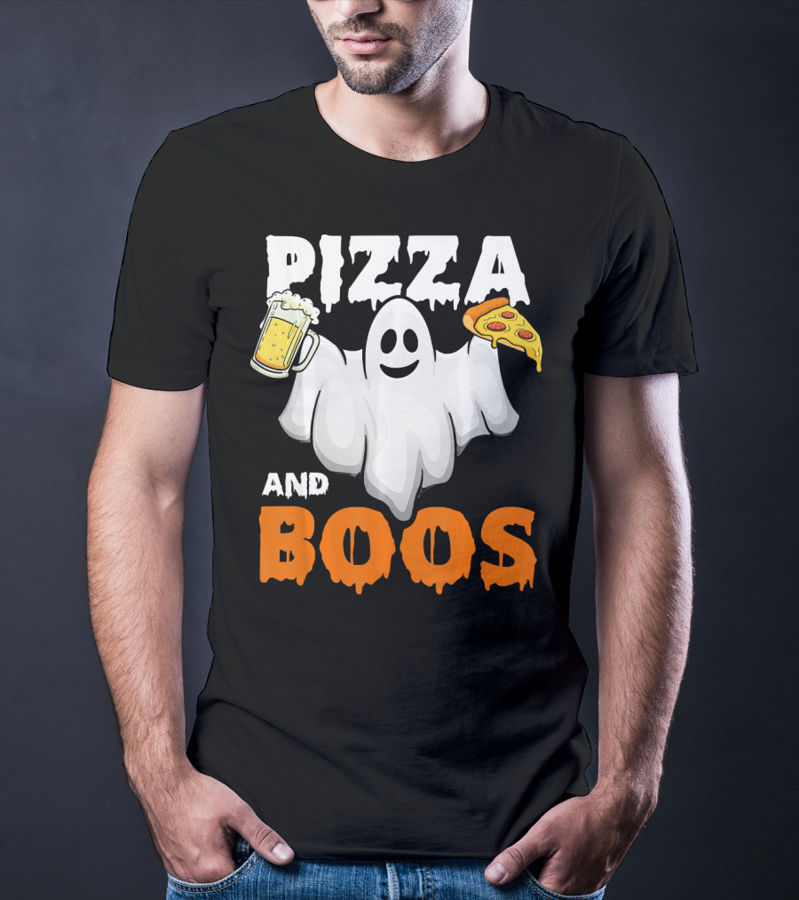 Pizza And Boos Ghost Holding Beer And Pizza Slice Halloween Funny Ghost Drinking Beer T-Shirt
