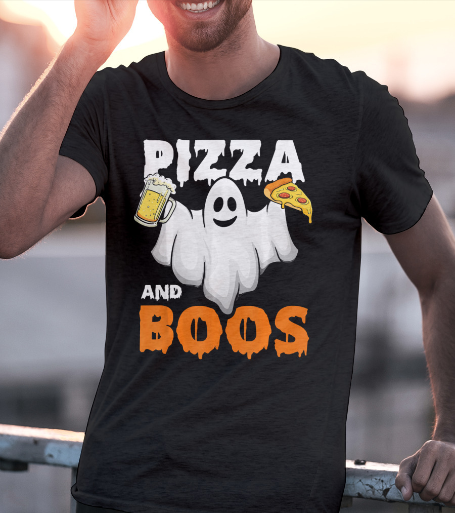 Pizza And Boos Ghost Holding Beer And Pizza Slice Halloween Funny Ghost Drinking Beer T-Shirt