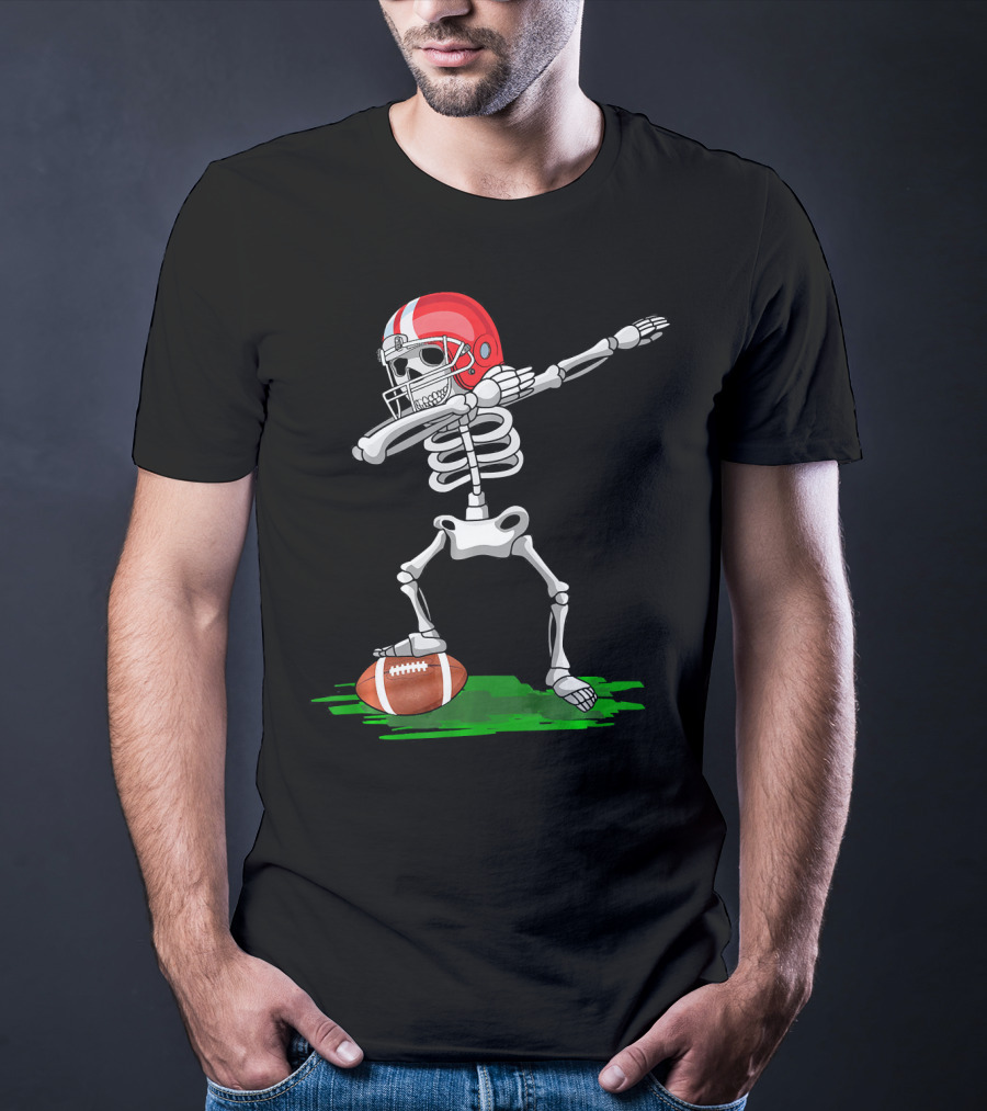 Dabbing Skeleton With Football And Red Helmet For Halloween T-Shirt