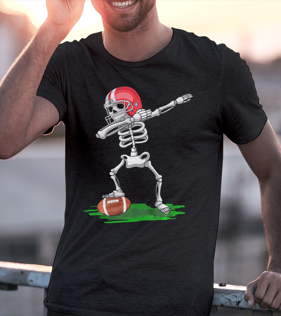 Dabbing Skeleton With Football And Red Helmet For Halloween T-Shirt