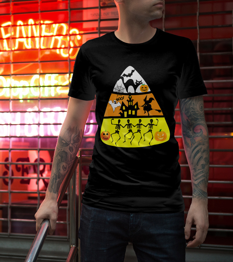 Candy Corn Halloween Scene Witch Skeletons Pumpkins Ghost Bats Haunted House Boo T-Shirt