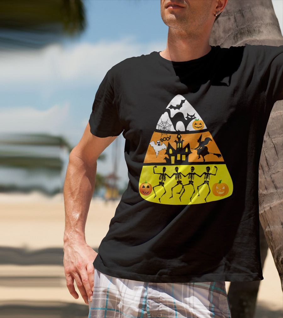 Candy Corn Halloween Scene Witch Skeletons Pumpkins Ghost Bats Haunted House Boo T-Shirt