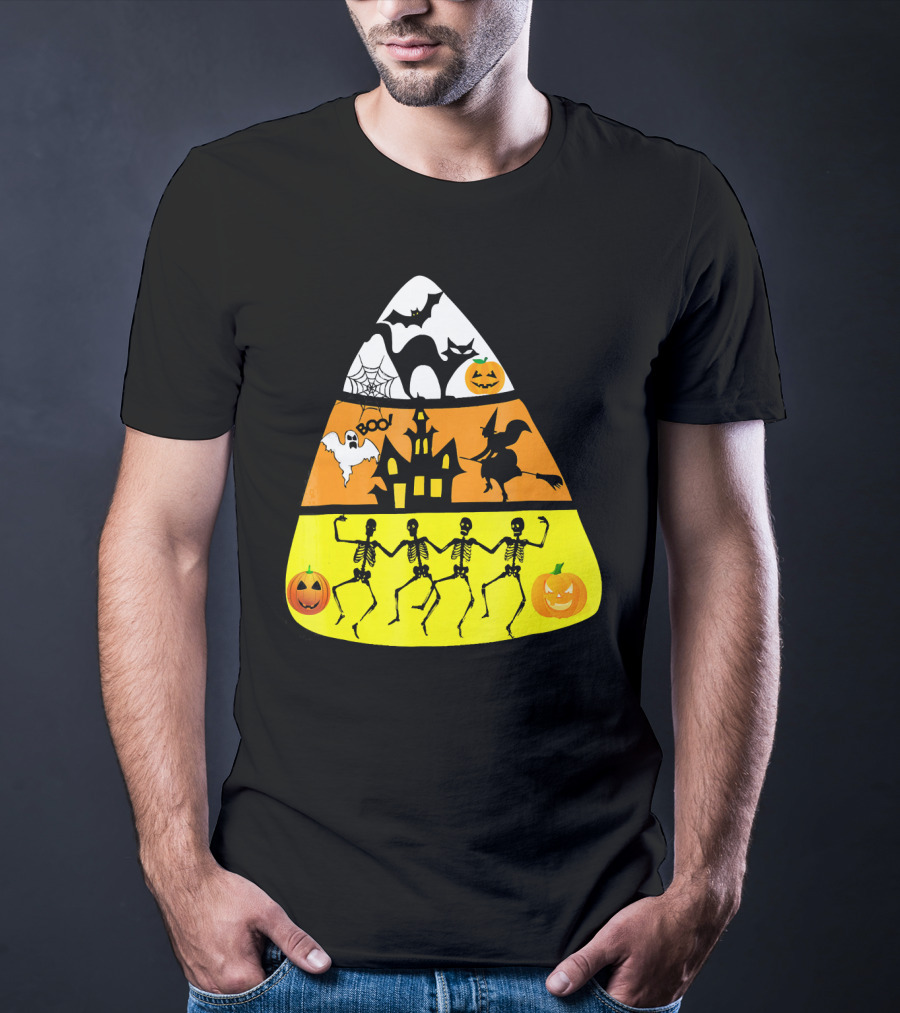 Candy Corn Halloween Scene Witch Skeletons Pumpkins Ghost Bats Haunted House Boo T-Shirt