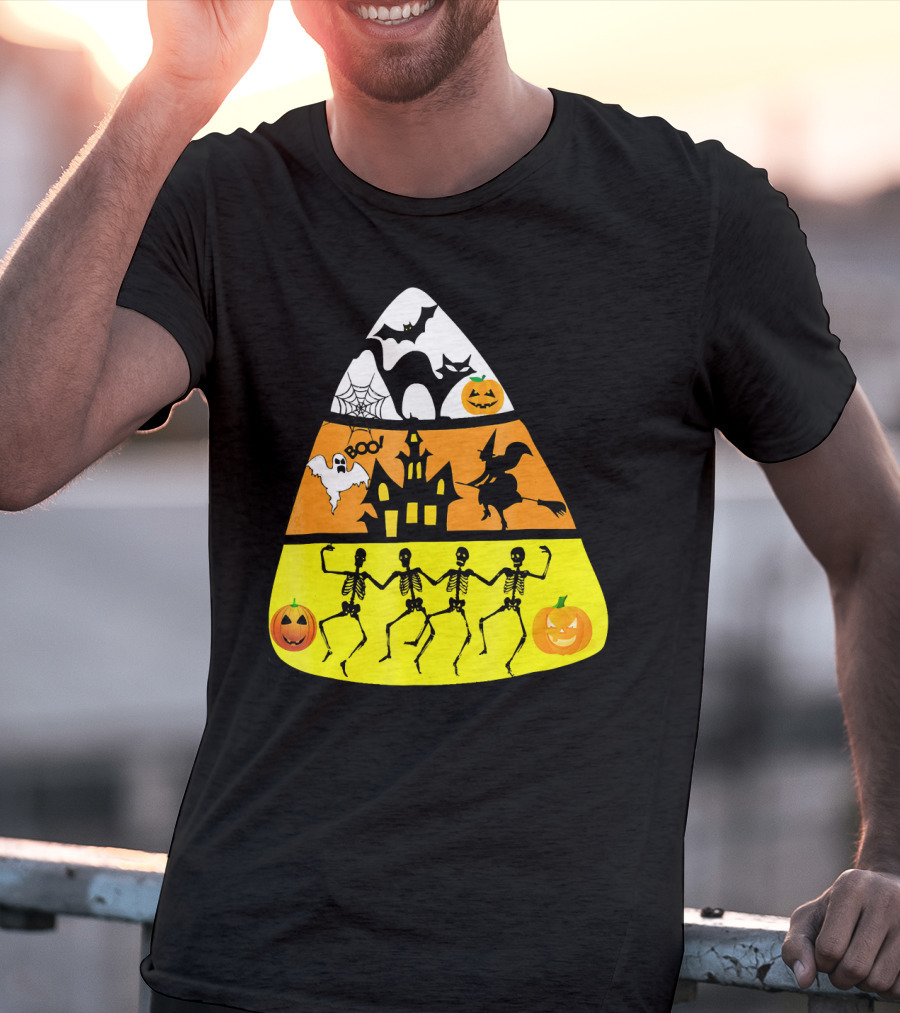 Candy Corn Halloween Scene Witch Skeletons Pumpkins Ghost Bats Haunted House Boo T-Shirt