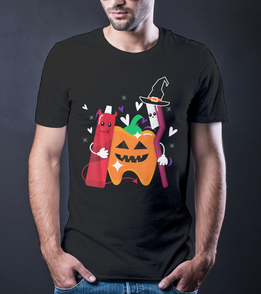 Happy Halloween Costume Toothbrush Tooth With Pumpkin And Toothpaste Characters T-Shirt
