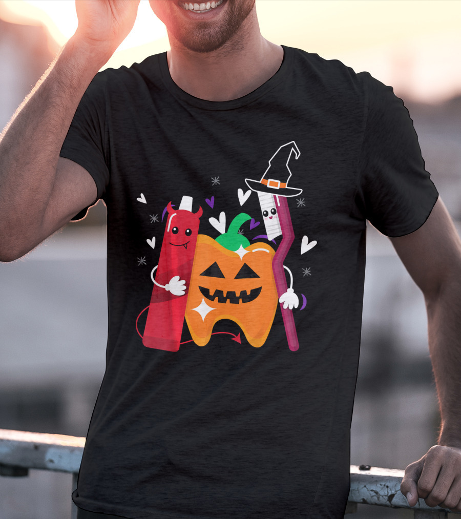 Happy Halloween Costume Toothbrush Tooth With Pumpkin And Toothpaste Characters T-Shirt