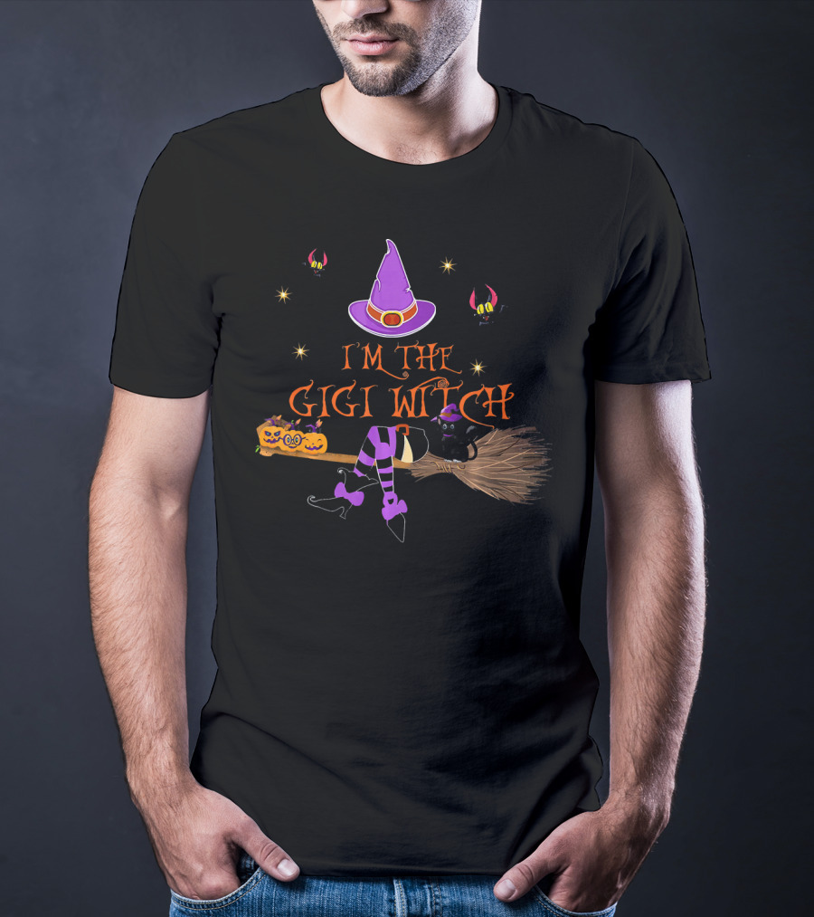I'm The Gigi Witch Halloween Purple Hat Cat Broomstick Stars T-Shirt