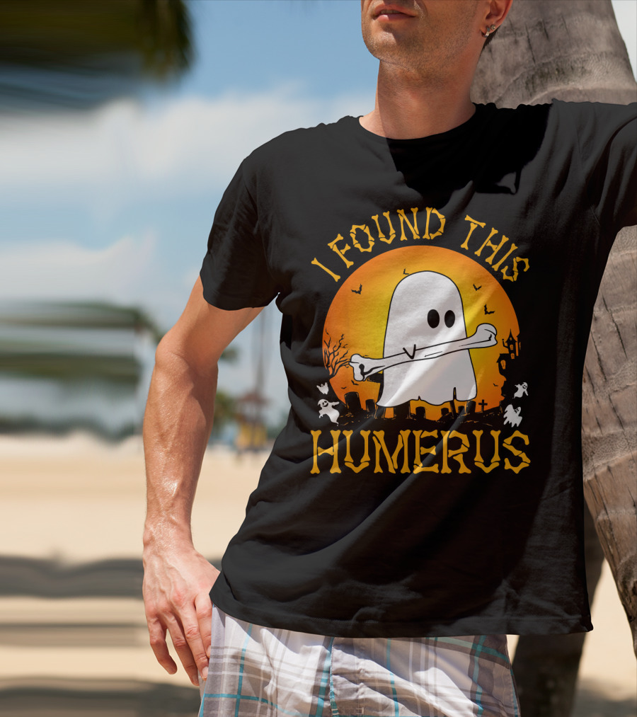 I Found This Humerus Halloween Ghost With Bone Spooky Graveyard Scene T-Shirt