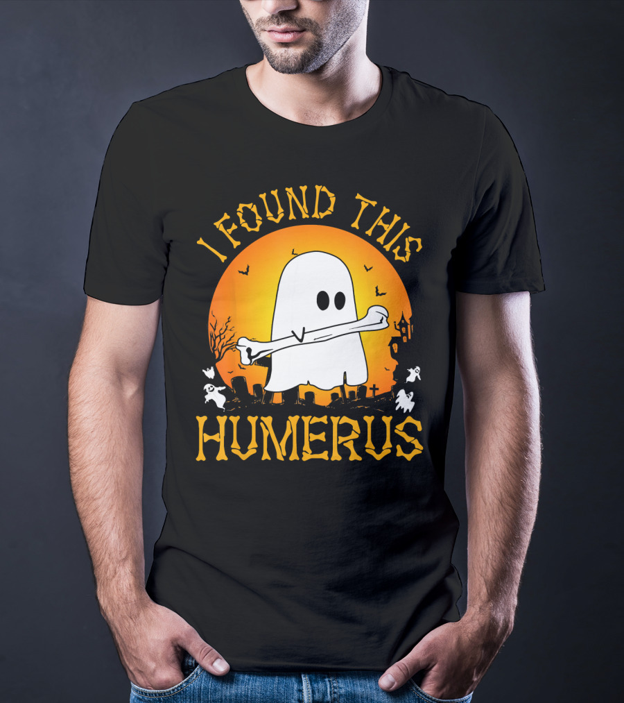 I Found This Humerus Halloween Ghost With Bone Spooky Graveyard Scene T-Shirt