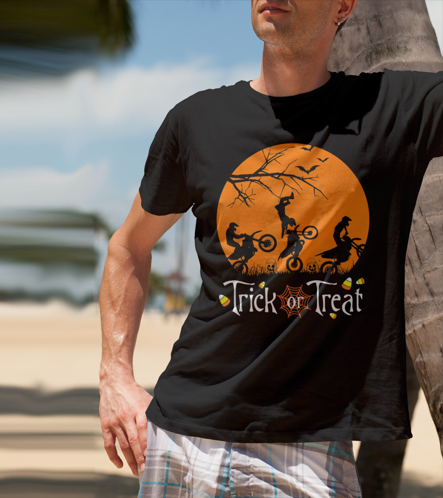 Motocross Halloween Trick Or Treat Moon Scene T-Shirt