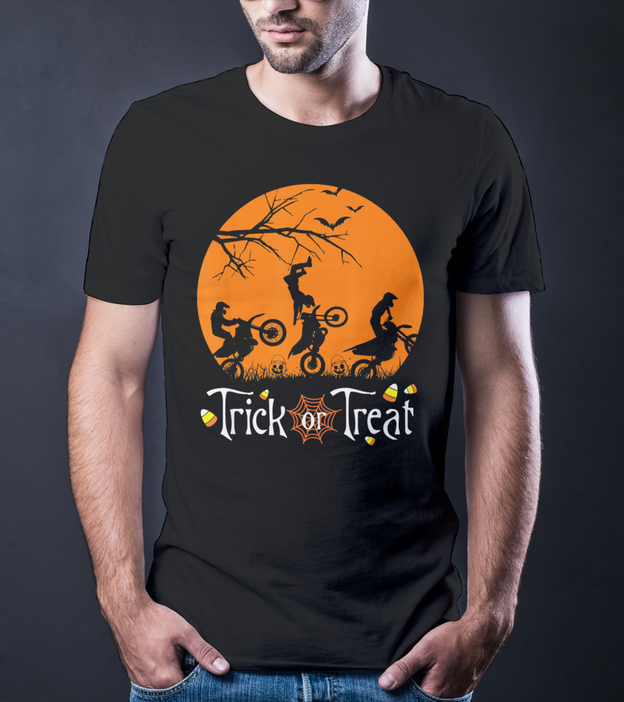 Motocross Halloween Trick Or Treat Moon Scene T-Shirt