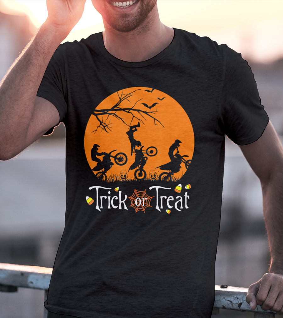 Motocross Halloween Trick Or Treat Moon Scene T-Shirt