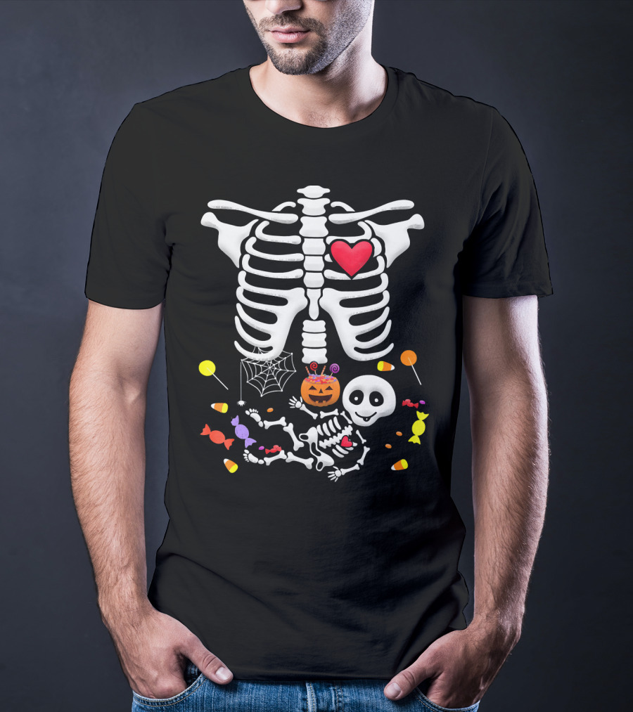 Pregnant Skeleton Heart Candy Pumpkin Halloween T-Shirt