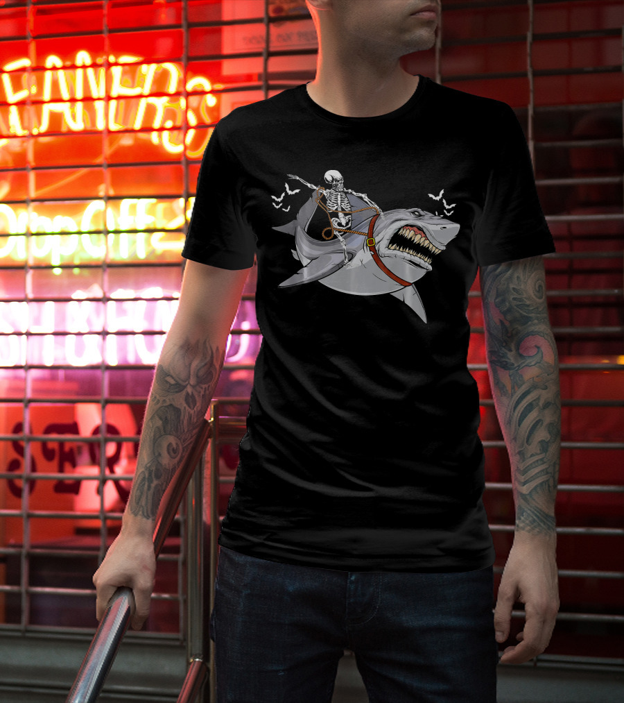 Skeleton Cowboy Riding Giant Shark With Bats T-Shirt