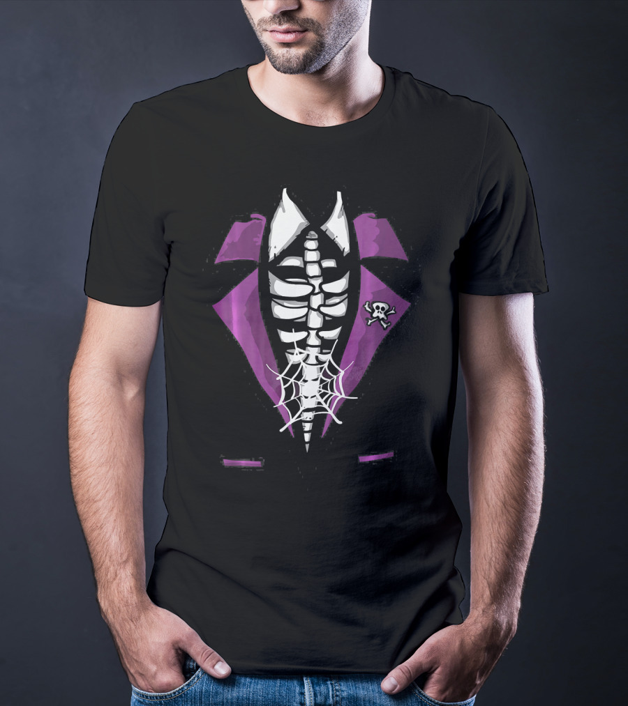 Halloween Skeleton Tuxedo Scary Rib Cage With Spider Web And Skull Brooch T-Shirt