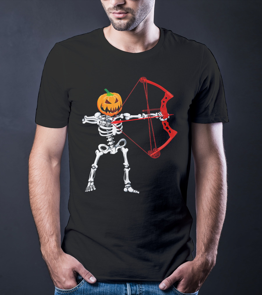 Skeleton Pumpkin Head With Red Bow Archery Halloween T-Shirt