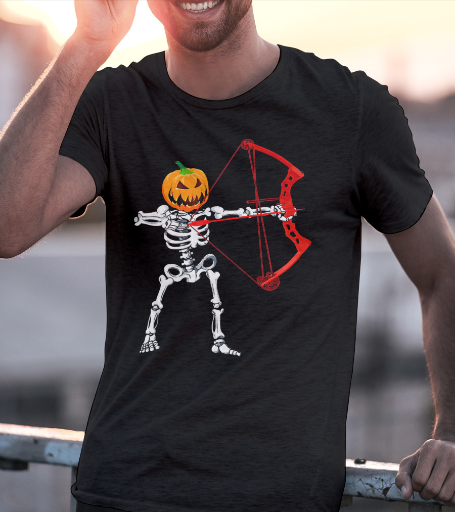 Skeleton Pumpkin Head With Red Bow Archery Halloween T-Shirt