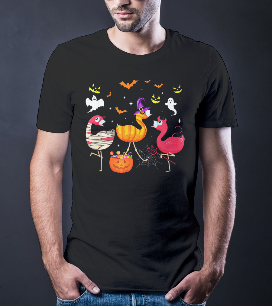 Flamingo Happy Halloween Ghosts And Pumpkins T-Shirt