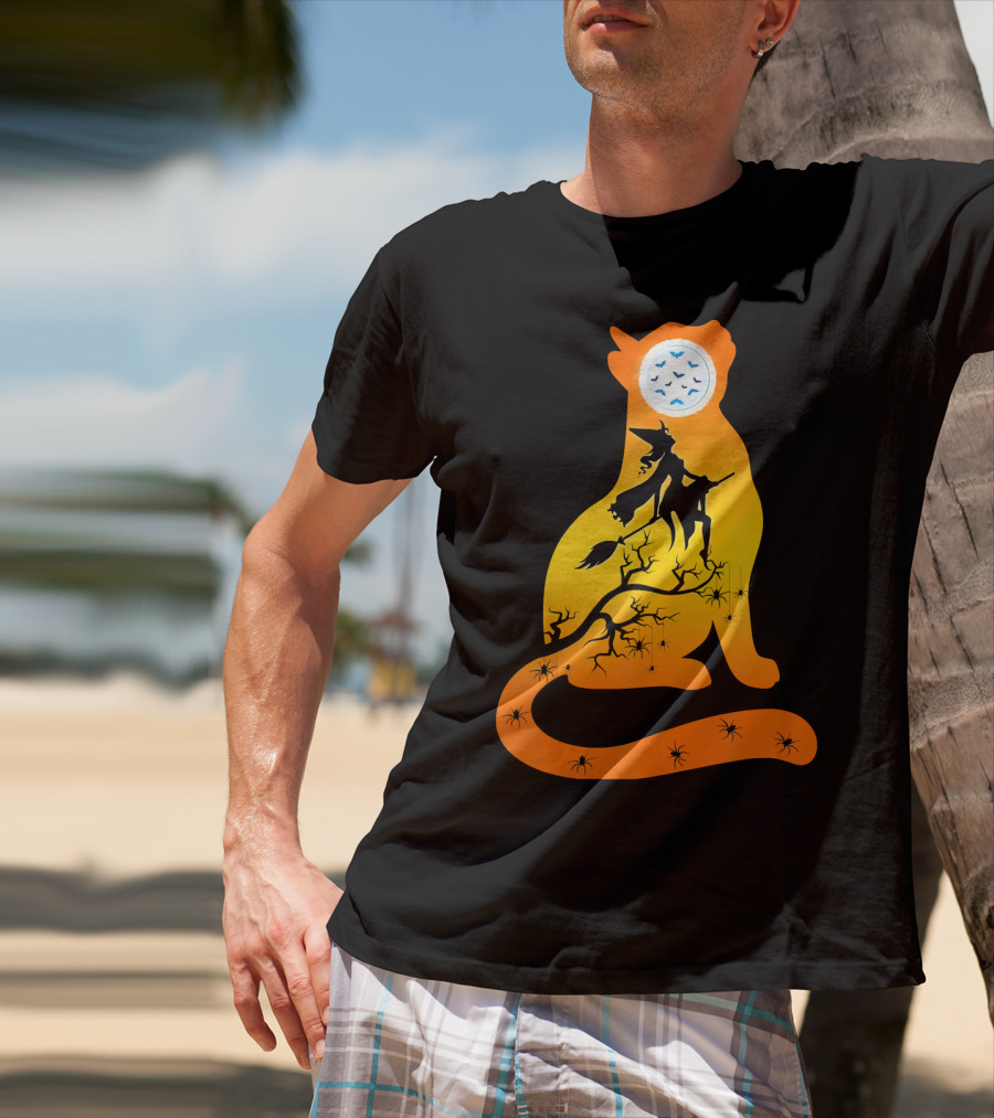 Funny Cat Witch Flying Under Bat Moon With Spooky Webs T-Shirt