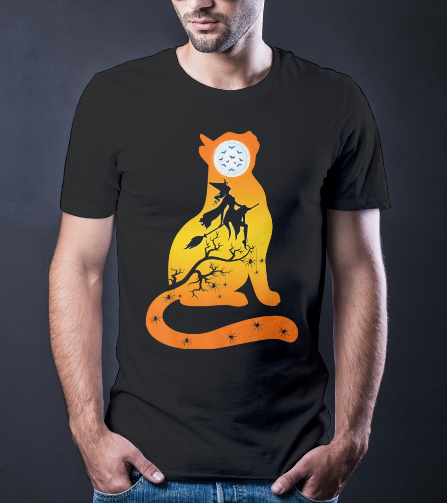 Funny Cat Witch Flying Under Bat Moon With Spooky Webs T-Shirt