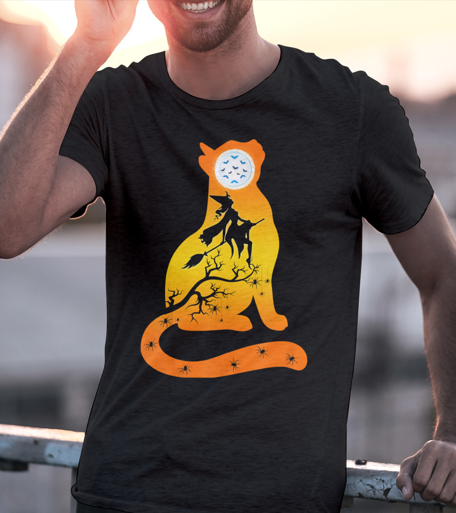 Funny Cat Witch Flying Under Bat Moon With Spooky Webs T-Shirt