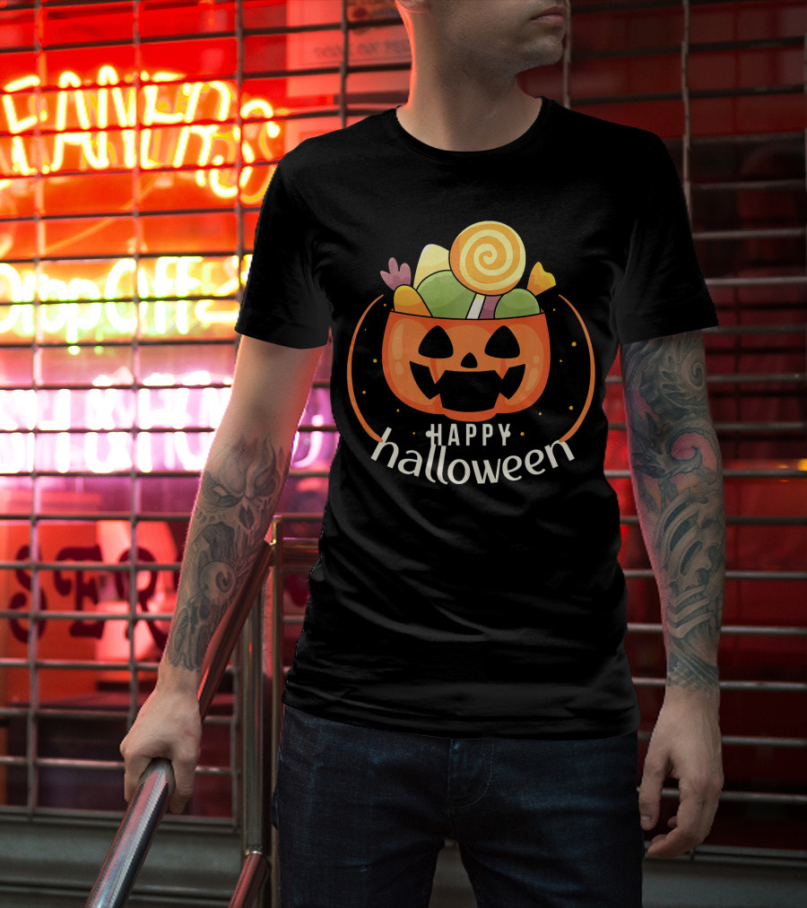 Happy Halloween Pumpkin Orange JackOLantern Candy Bucket T-Shirt