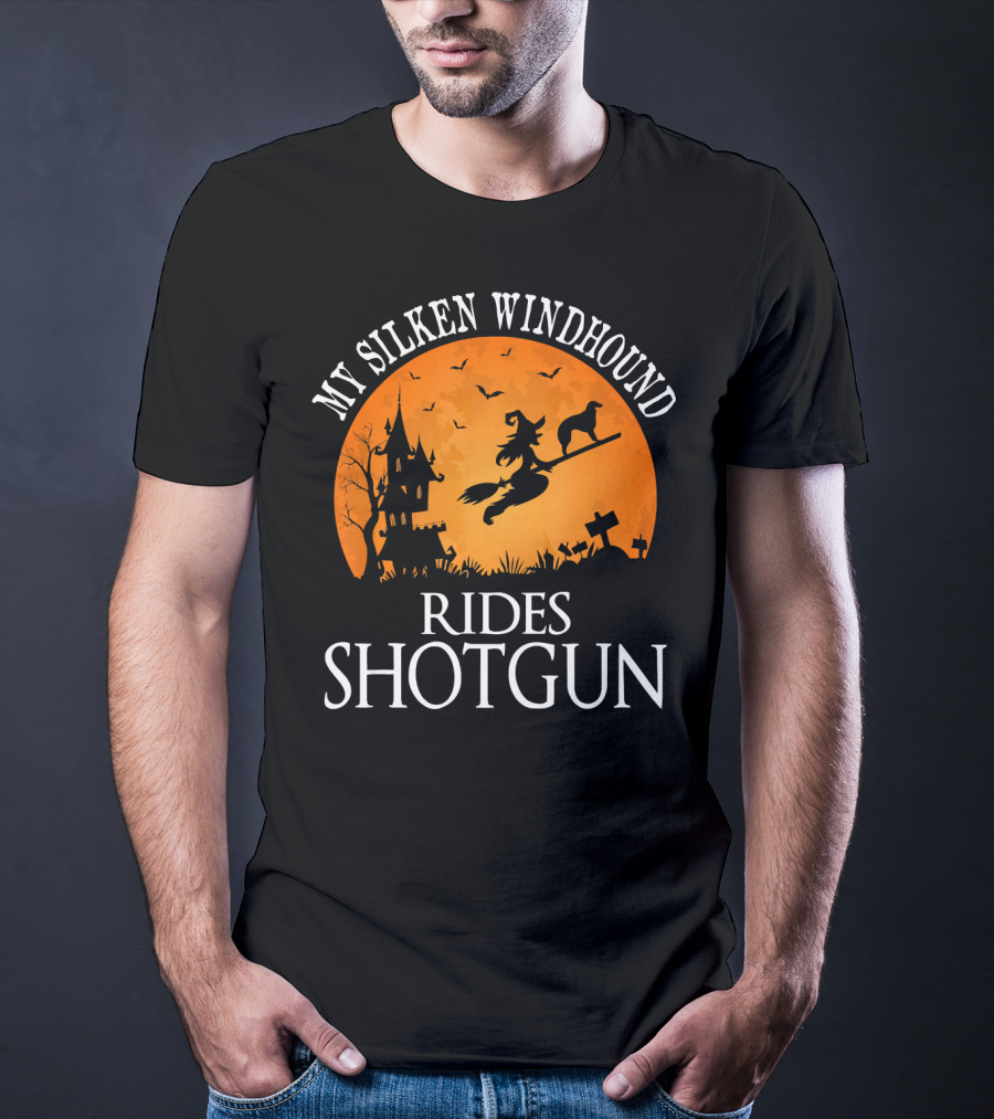 My Silken Windhound Rides Shotgun Halloween Witch Dog Moon Graveyard Scene T-Shirt