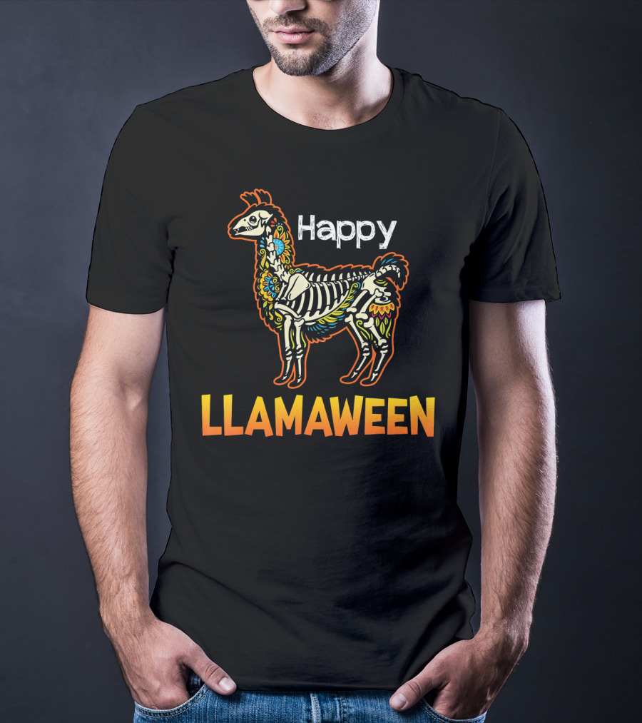Happy Llamaween Funny Llama Skeleton Halloween T-Shirt