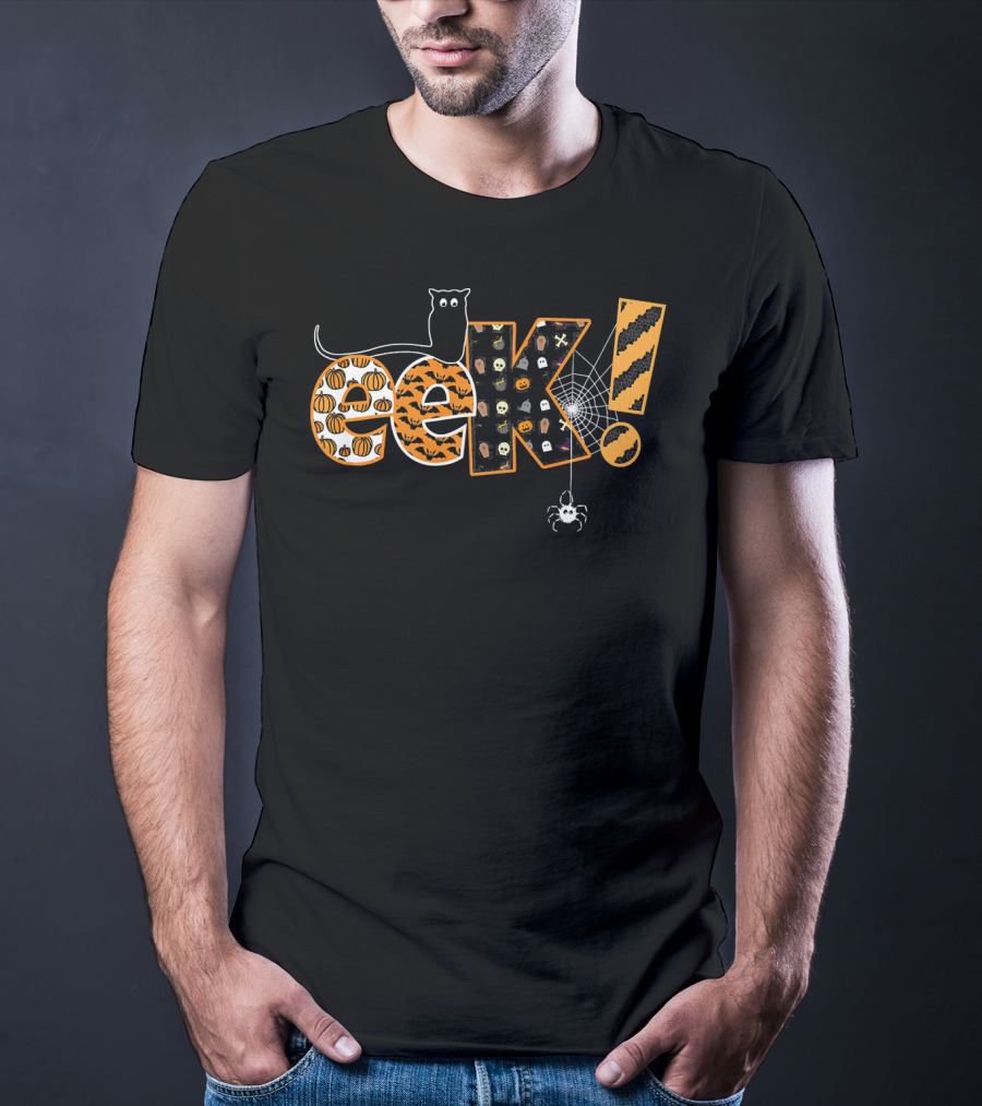 Boo EEK Halloween Funny Cat With Spider Web And Pumpkin T-Shirt