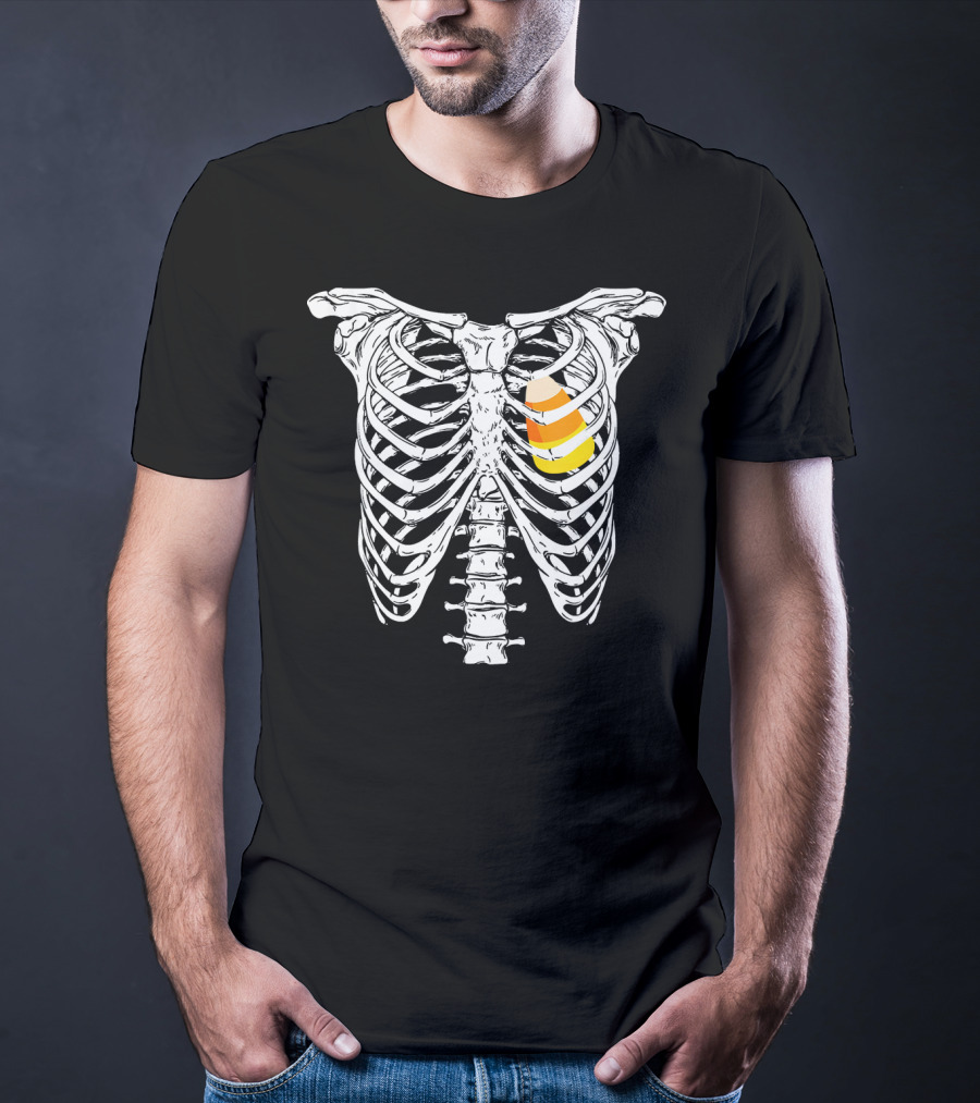 Candy Corn Inside Skeleton Ribs Halloween Humor T-Shirt