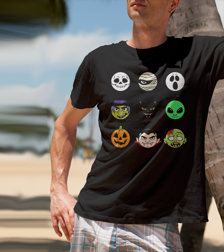Scary Faces Halloween Emoji Emoji Icons Vampire Mummy Alien Ghost Pumpkin Monster Cat Witch T-Shirt