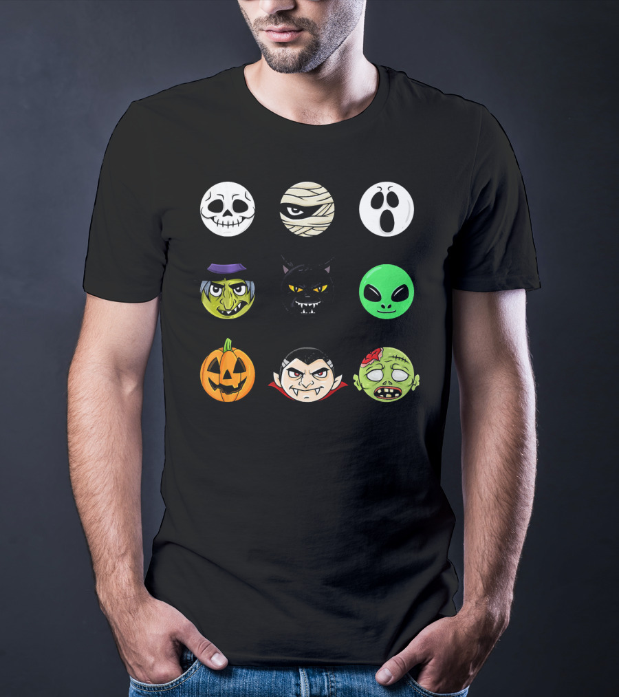 Scary Faces Halloween Emoji Emoji Icons Vampire Mummy Alien Ghost Pumpkin Monster Cat Witch T-Shirt