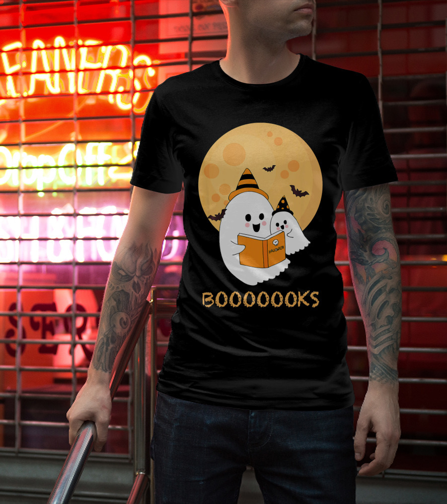 Halloween Ghosts Reading Boooooks Under Full Moon T-Shirt