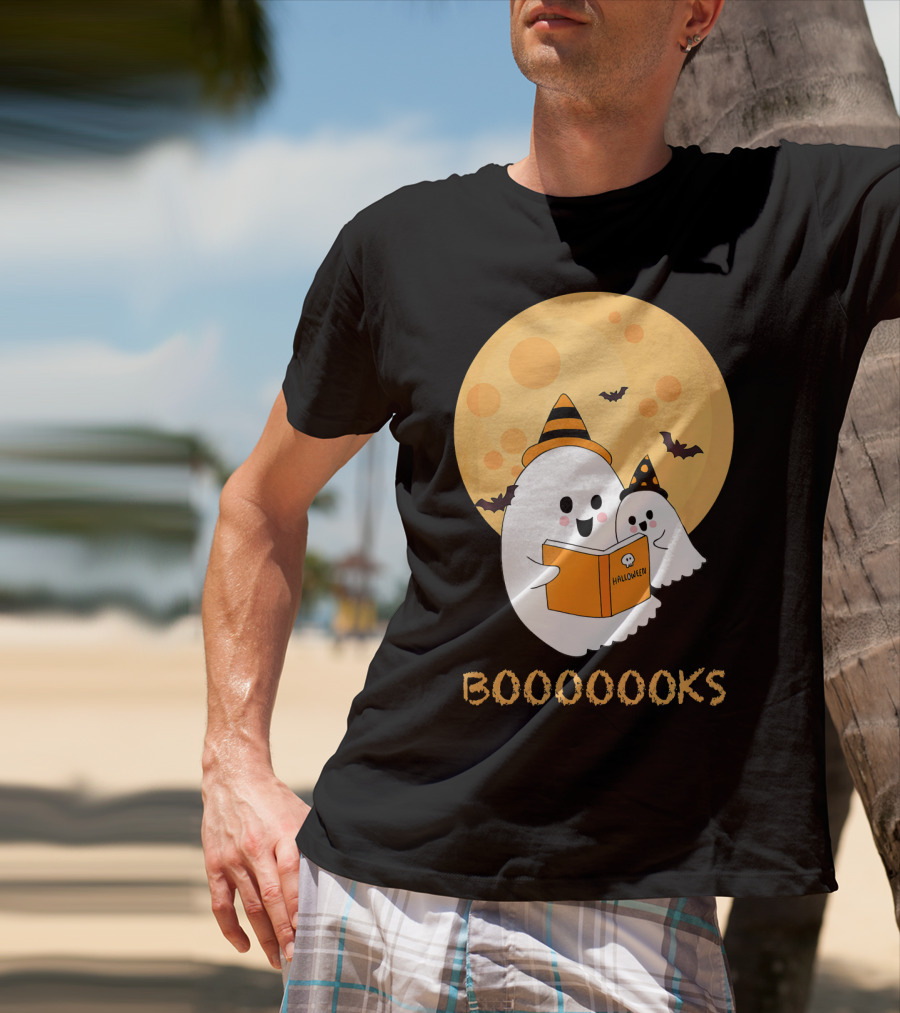 Halloween Ghosts Reading Boooooks Under Full Moon T-Shirt