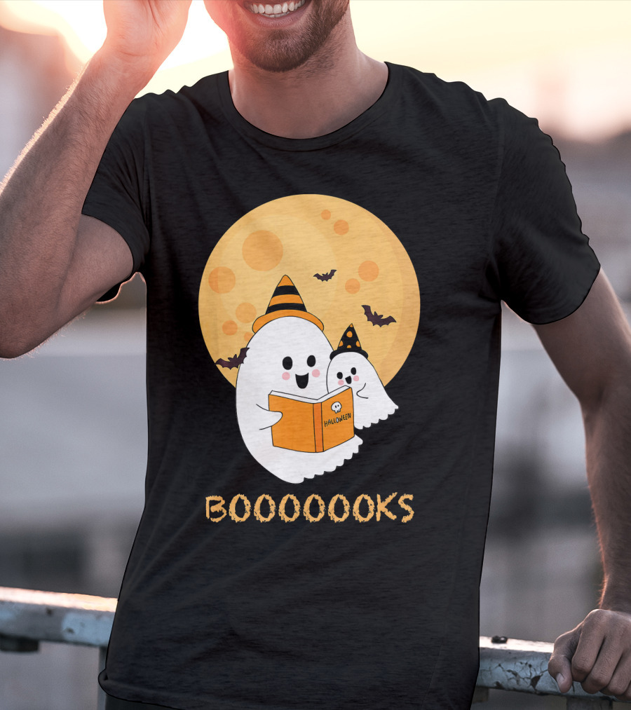 Halloween Ghosts Reading Boooooks Under Full Moon T-Shirt