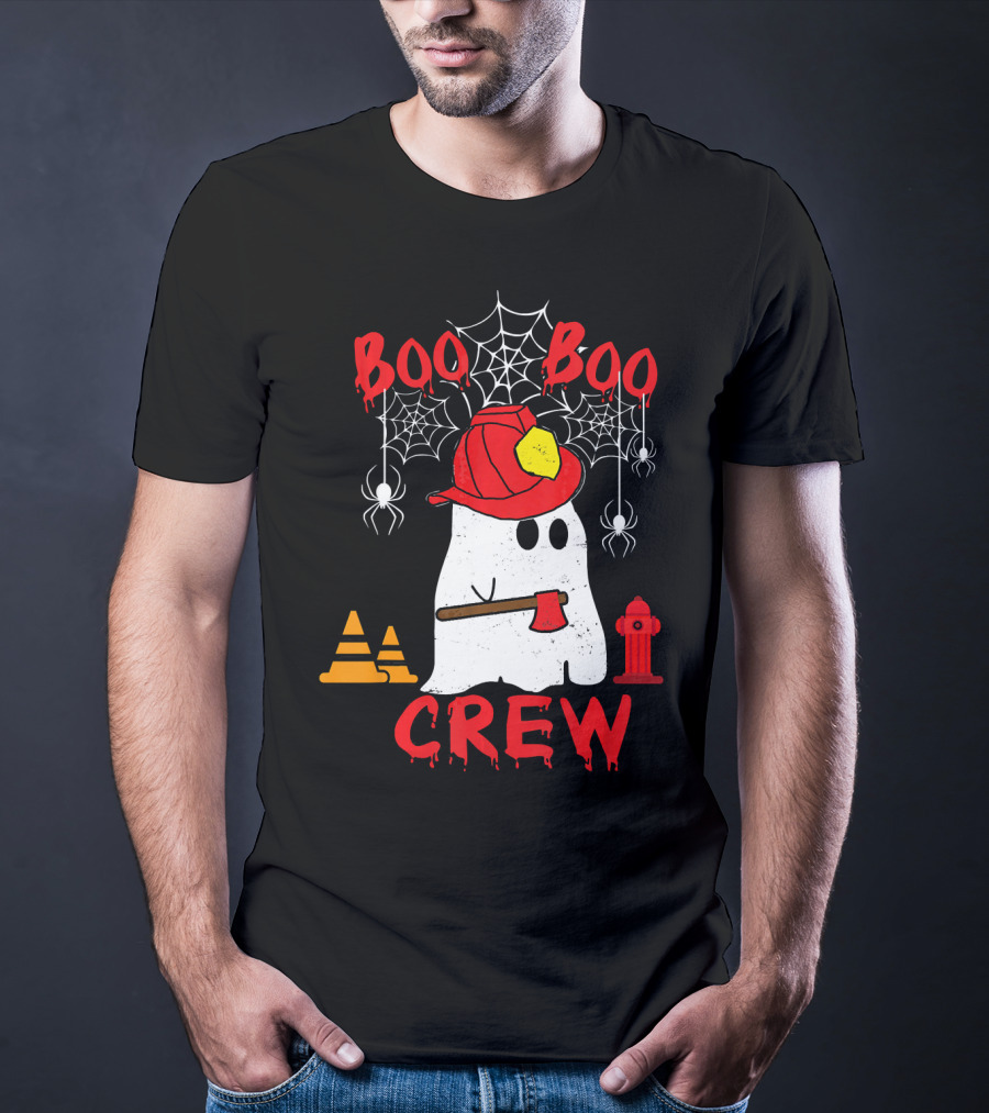 Boo Boo Crew Firefighter Halloween Ghost Spiderwebs And Axe T-Shirt