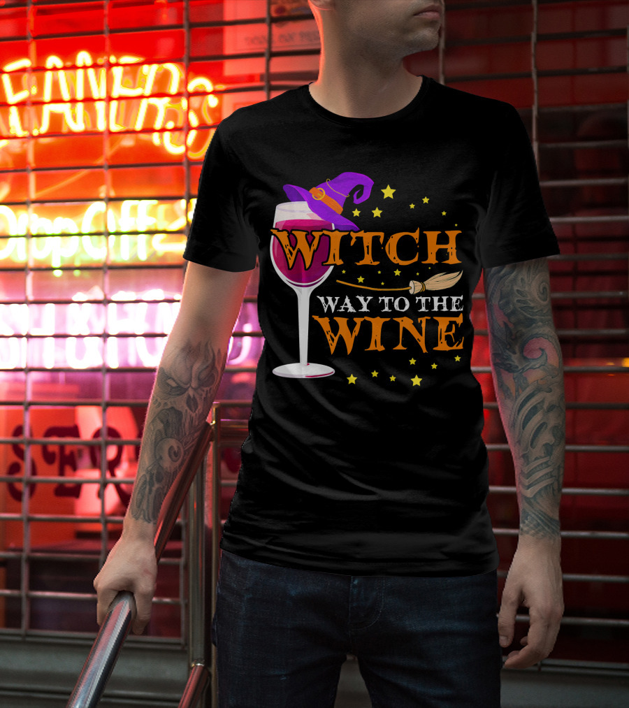 Witch Way To The Wine Halloween Wizard Hat Broomstick Stars T-Shirt