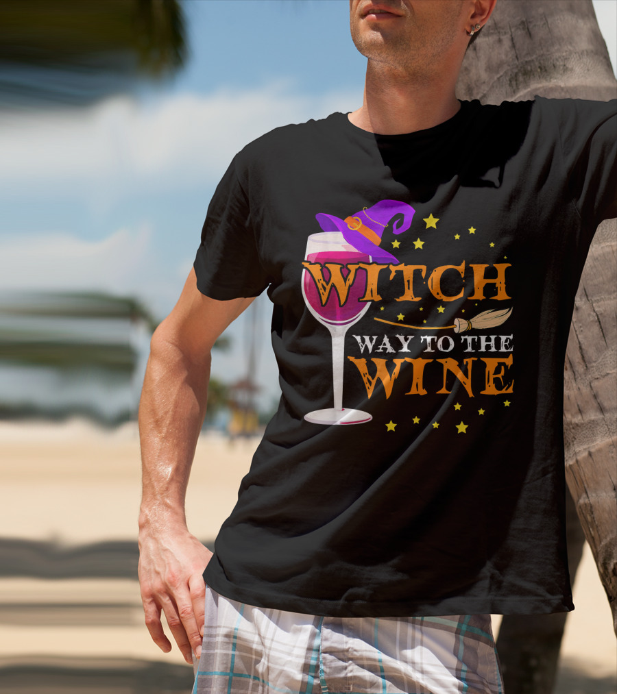 Witch Way To The Wine Halloween Wizard Hat Broomstick Stars T-Shirt