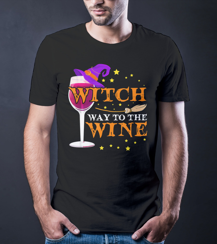 Witch Way To The Wine Halloween Wizard Hat Broomstick Stars T-Shirt